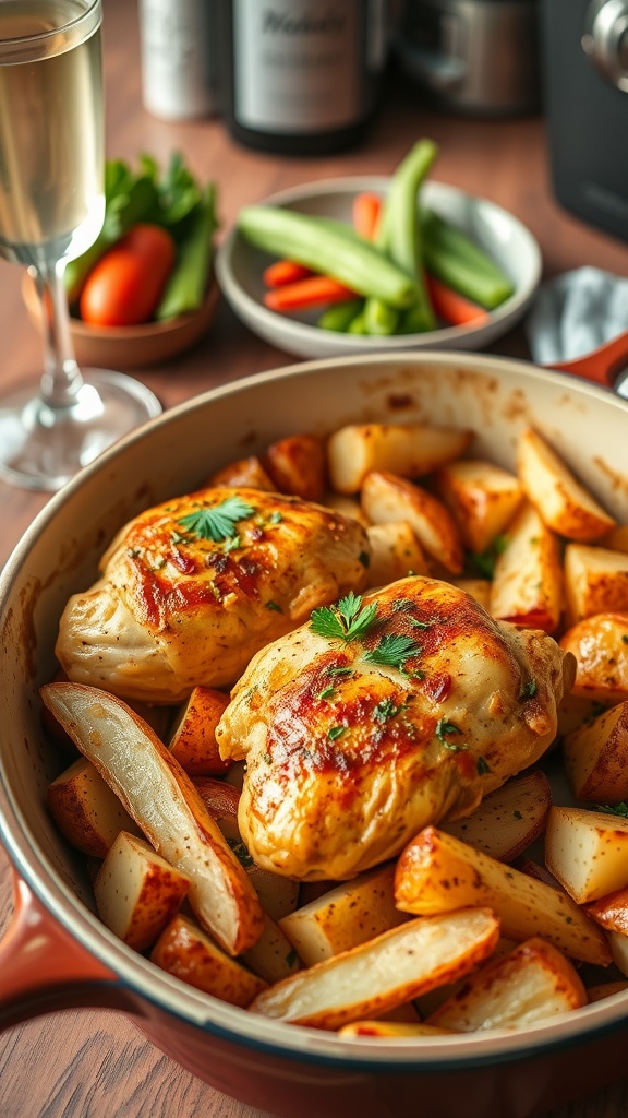 Savory chicken and potato bake with golden chicken thighs and crispy potato wedges in a rustic dish.